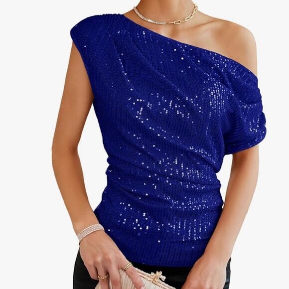 GRACE KARIN One Shoulder Sequin Sparkly Top Royal Blue 2XL NWT in packaging - Picture 1 of 6